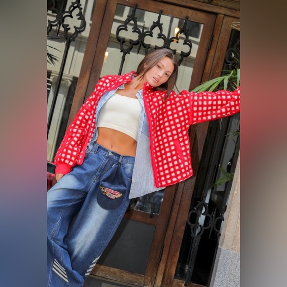 Red Checkered Fleece Jacket - Picture 1 of 5
